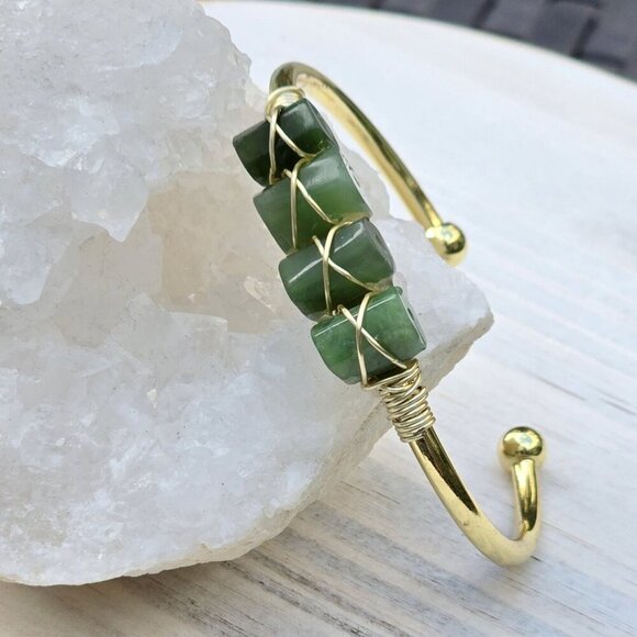 Jade ✦ 4‑Stone Wire Wrap Wisdom Cuff ✦ 14Kt Gold Over Copper Adjustable Talisman - Picture 4 of 13
